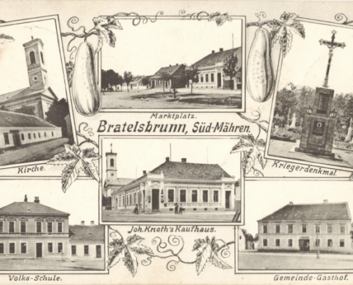 Bratelsbrunn, starší pohlednice, ale prošlá poštou až v roce 1931 za oficiální existence názvu obce Prátlsbrun