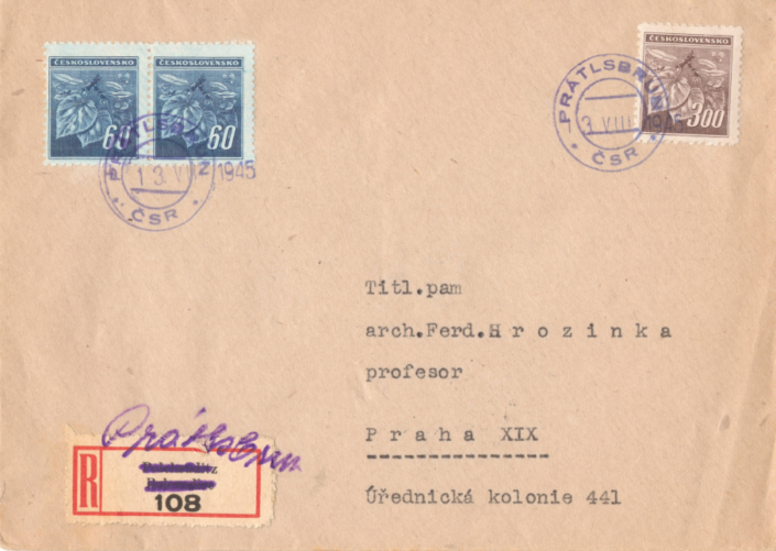 Prátlsbrun - 13.8.1945 - příjemce dopisu je architekt a entomolog Ferdinand Hrozinka
