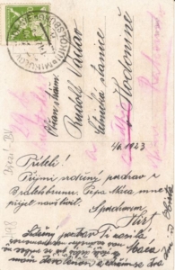 Pohlednice s názvem obce Bratelsbrunn - psaná česky a datována 1. 6. 1923